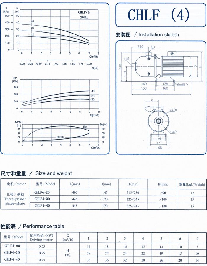 CHLF輕型立式不銹鋼多級離心泵安裝圖、尺寸、性能